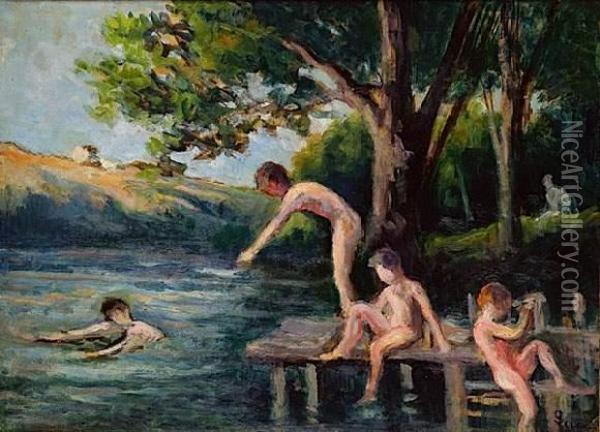 Rolleboise, La Baignade Des Enfants, Circa 1935 Oil Painting - Maximilien Luce
