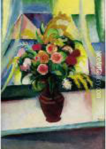 Stilleben: Bunter Blumenstrauss 
Vor Dem Fenster (still Life: Colourful Bunch Of Flowers In Front Of A 
Window) Oil Painting - August Macke