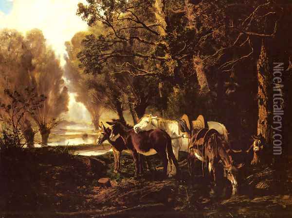 A Horse and Donkeys Awaiting the Faggot Gatherer Oil Painting - Giuseppe Palizzi