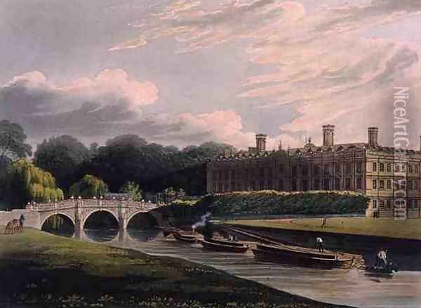 Exterior of Clare Hall, Cambridge, from The History of Cambridge, engraved by J. Bluck fl.1791-1831, pub. by R. Ackermann, 1815 Oil Painting - Augustus Charles Pugin