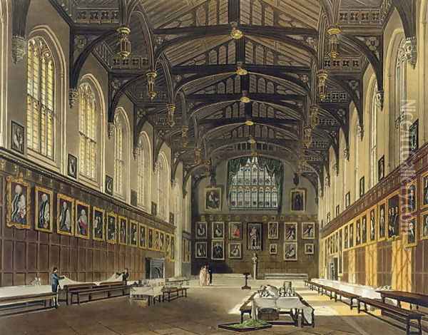 Interior of the Hall of Christ Church, illustration from the History of Oxford engraved by J. Bluck fl.1791-1831 pub. by R. Ackermann, 1814 Oil Painting - Augustus Charles Pugin