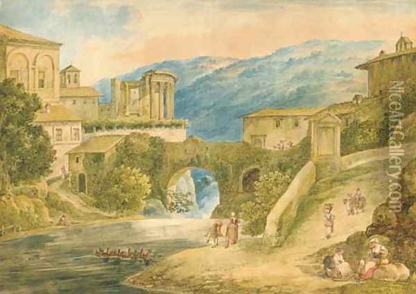 Tivoli with the Temple of Vesta, figures in the foreground Oil Painting - Bartolomeo Pinelli