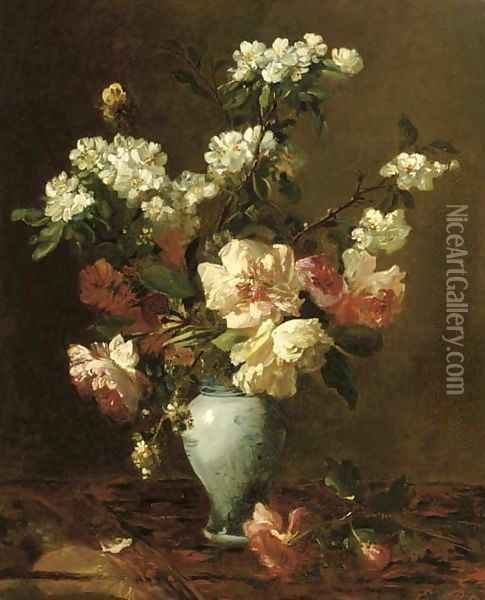 Blossom branches and peonies in a vase Oil Painting - Eugene Petit
