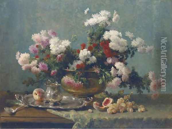 Chrysanthemums in a brass urn, and a silver tray and jug on a draped table Oil Painting - Eugene Petit