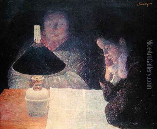 Reading under the Lamp, 1890 Oil Painting - Leon Pourtau