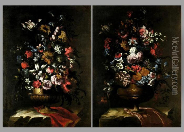 Gemaldepaar
 Stillleben Mit Blumen In Vase
 Auf Draperie Oil Painting - Mario Nuzzi Mario Dei Fiori