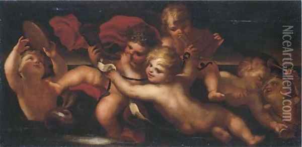 An allegory of Music, with putti playing music an overdoor Oil Painting - Domenico Piola
