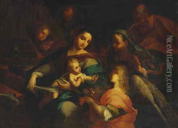 The Holy Family with Saint Elizabeth and an angel Oil Painting - Domenico Piola