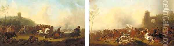 A military engagement between Christians and Turks; and A cavalry skirmish in a landscape Oil Painting - Charles Parrocel