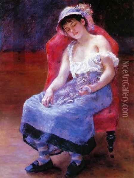 Sleeping Girl Aka Girl With A Cat Oil Painting - Pierre Auguste Renoir