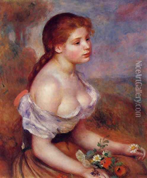 Young Girl With Daisies Oil Painting - Pierre Auguste Renoir