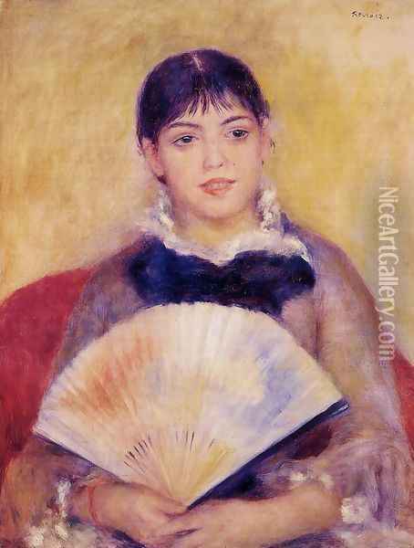 Girl With A Fan Aka Alphonsine Fournaise Oil Painting - Pierre Auguste Renoir