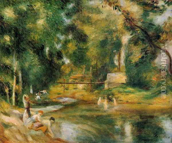 Essoyes Landscape Washerwoman And Bathers Oil Painting - Pierre Auguste Renoir