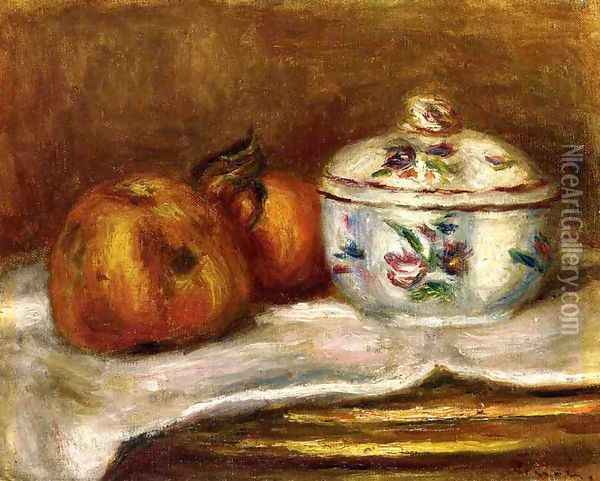 Sugar Bowl, Apple and Orange Oil Painting - Pierre Auguste Renoir
