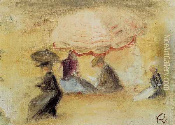 On The Beach Figures Under A Parasol Oil Painting - Pierre Auguste Renoir