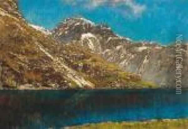 Mountain Lake With Snowy Peaks Oil Painting - Laszlo Mednyanszky
