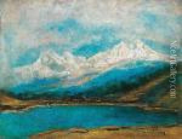 Lake, With Snowy Mountainpeaks In The Background Oil Painting - Laszlo Mednyanszky