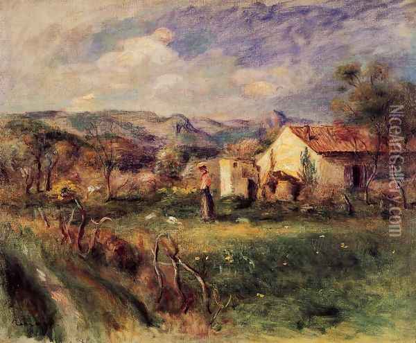 Young Woman Standing Near A Farmhouse In Milly Oil Painting - Pierre Auguste Renoir