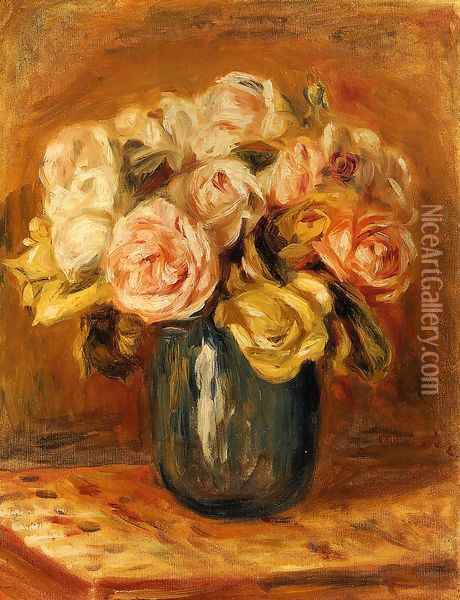 Roses In A Blue Vase2 Oil Painting - Pierre Auguste Renoir