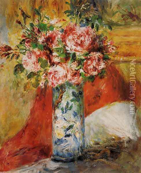 Roses In A Vase Oil Painting - Pierre Auguste Renoir