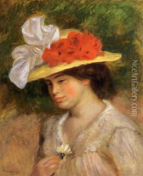 Woman In A Flowered Hat Oil Painting - Pierre Auguste Renoir