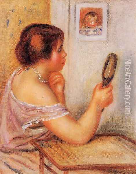 Gabrielle Holding A Mirror With A Portrait Of Coco Oil Painting - Pierre Auguste Renoir
