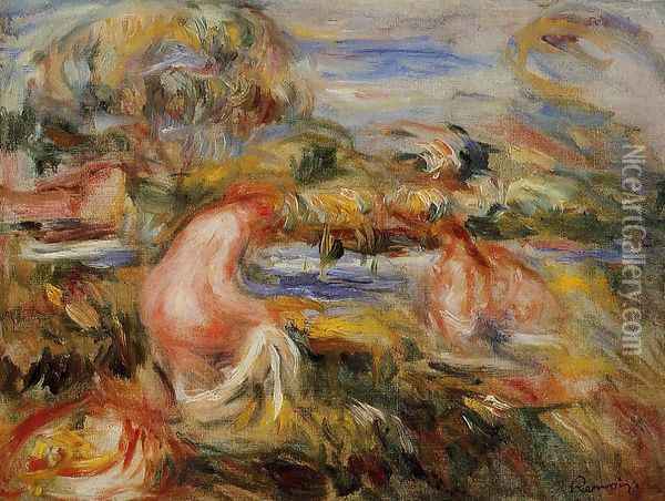 Two Bathers In A Landscape Oil Painting - Pierre Auguste Renoir
