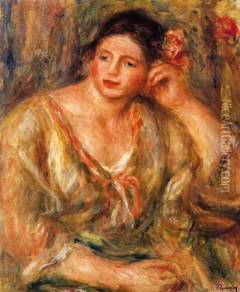 Madeleine Leaning On Her Elbow With Flowers In Her Hair Oil Painting - Pierre Auguste Renoir
