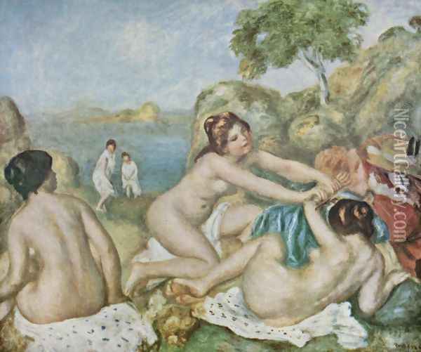 Three girls bathing with crab Oil Painting - Pierre Auguste Renoir