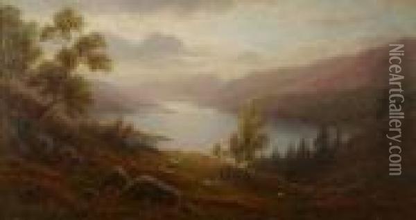 Lake District Lake Scene With Sheep On The Hills Oil Painting - William Mellor