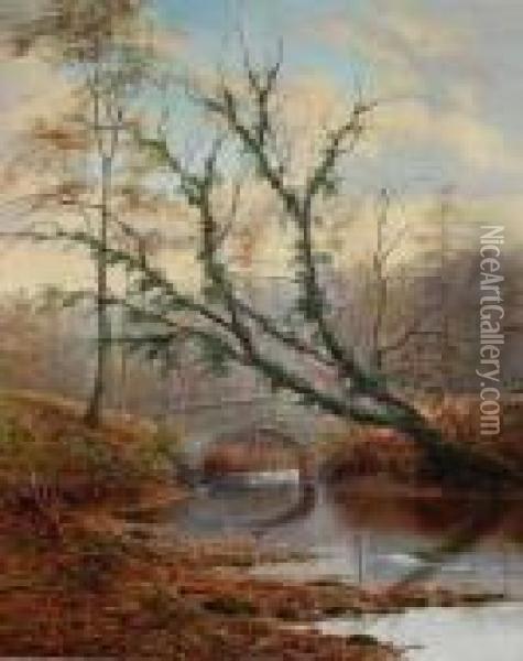 River Landscape With Bridge Oil Painting - William Mellor