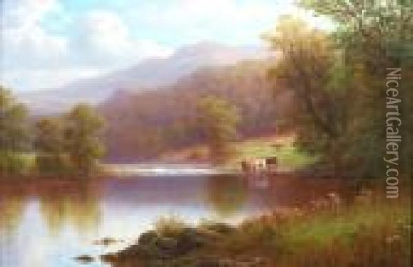 Highland River Landscapes With Cows And Sheep Oil Painting - William Mellor