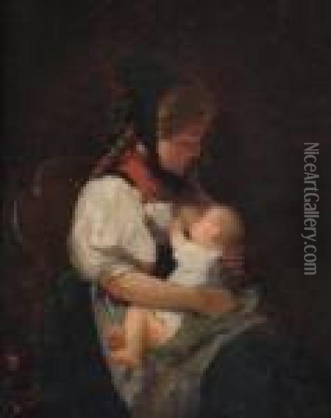 Mother And Child. Oil Painting - Meyer Georg von Bremen