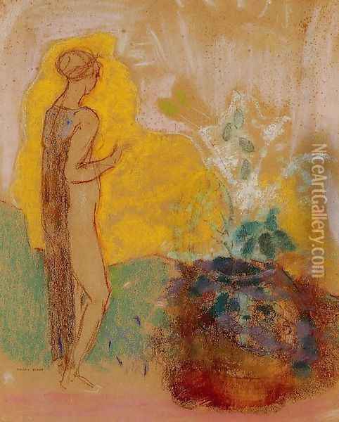 Woman And Stone Pot Full Of Flowers Oil Painting - Odilon Redon