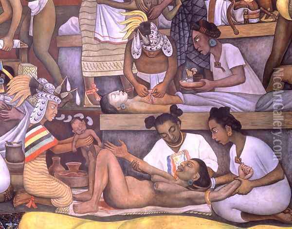 The History of Medicine in Mexico The People's Demand for Better Health, detail of childbirth, 1953 Oil Painting - Diego Rivera