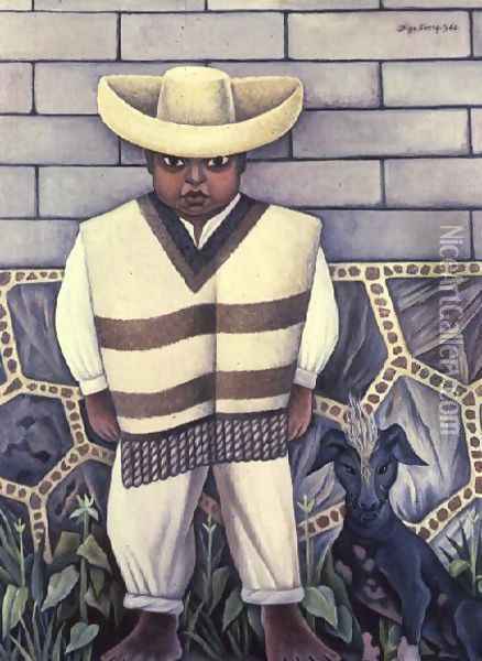 Boy with a Dog Oil Painting - Diego Rivera