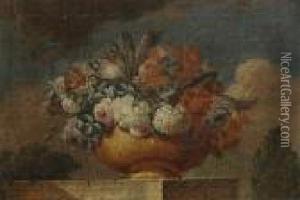 Still Life Of Flowers On A Ledge Oil Painting - Jean-Baptiste Monnoyer