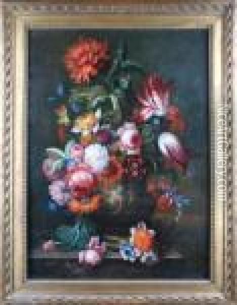 Vase De Fleurs Sur Un Entablement Oil Painting - Jean-Baptiste Monnoyer