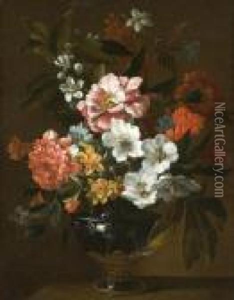 Bouquets De Fleurs Sur Un Entablement Oil Painting - Jean-Baptiste Monnoyer