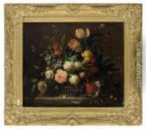 Peonies, Tulips, Carnations And Other Flowers In A Wicker Basket,on A Stone Ledge Oil Painting - Jean-Baptiste Monnoyer