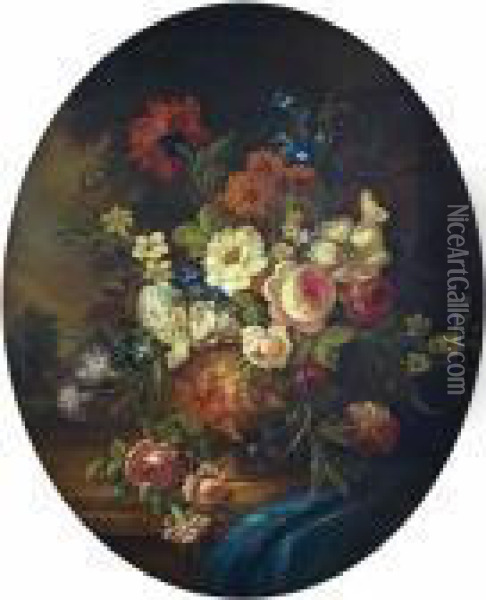 Stillleben Mit Blumen In Einer Vase Vor Einem Landschaftshintergrund Oil Painting - Jean-Baptiste Monnoyer
