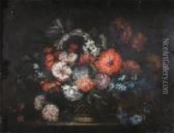 Flowers In A Basket Oil Painting - Jean-Baptiste Monnoyer