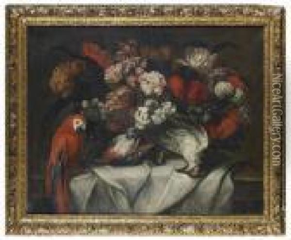 Nature Morte Au Bouquet De Fleurs, Oiseaux Et Perroquet Oil Painting - Jean-Baptiste Monnoyer