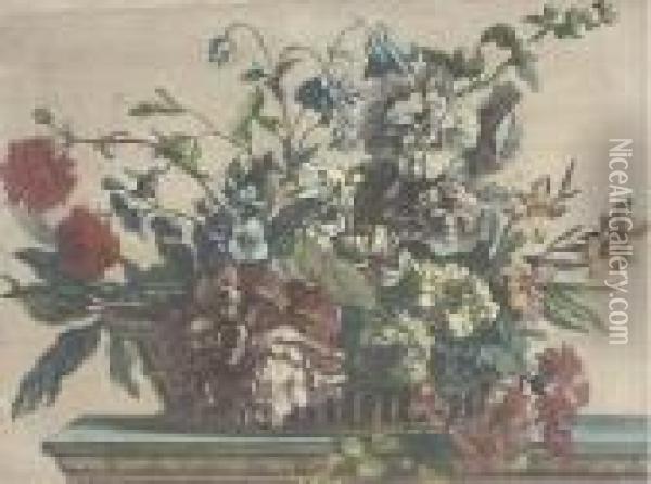 Flowers In A Wicker Basket Oil Painting - Jean-Baptiste Monnoyer