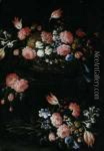 Stilleben Mit Blumen In Einem Korb Oil Painting - Jean-Baptiste Monnoyer
