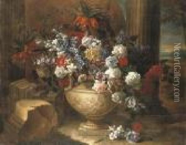 Tulips, Lilacs, Dahlias And Other Flowers In A Sculpted Vase Oil Painting - Jean-Baptiste Monnoyer