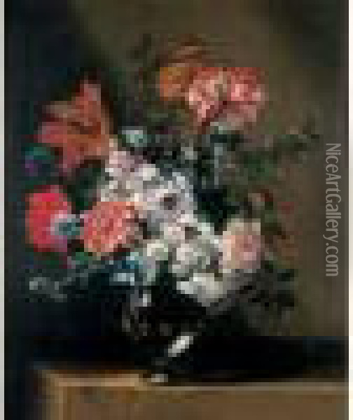 Fleurs Dans Un Vase Translucide Sur Un Entablement. Oil Painting - Jean-Baptiste Monnoyer