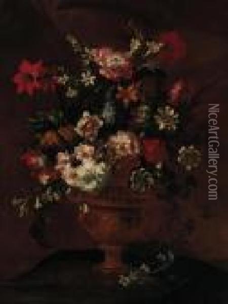 Roses, Lemon Blossom, Poppies, Narcissi And Other Flowers On Astone Ledge Oil Painting - Jean-Baptiste Monnoyer
