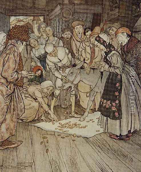 Gold pieces fell down on the cloth illustration to Washing Table, Golden Ass and Cudgel from Fairy Tales of the Brothers Grimm, 1900 Oil Painting - Arthur Rackham
