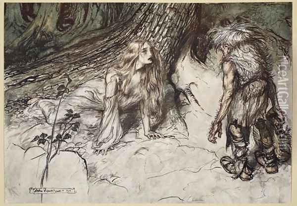 Mime finds the mother of Siegfried in the forest, illustration from Siegfried and the Twilight of the Gods, 1924 Oil Painting - Arthur Rackham